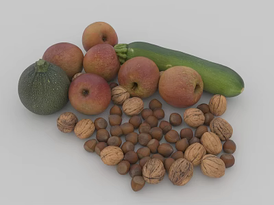 Display of Fresh Ripe Apples Walnuts and Hazelnuts on White Surface 3d model