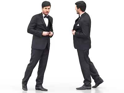 Men In Black Suits Adjusting Bow Tie And Tailoring Formal Attire 3d model