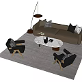 Beige Sofa with Pillows Round Coffee Table Set Accent Chairs and Floor Lamp 3d model