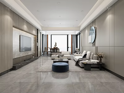 Modern Living Dining Room Interior Design With TV Wall Round Mirror Sofa And Tile Floor 3d model
