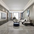 Modern Living Dining Room Interior Design With TV Wall Round Mirror Sofa And Tile Floor