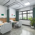 Hospital Ward Interior With Two Beds White Walls Green Curtains And Potted Plant
