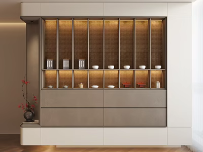Modern Tea Cabinet With Illuminated Shelves Tea Cups And Storage Drawers 3d model