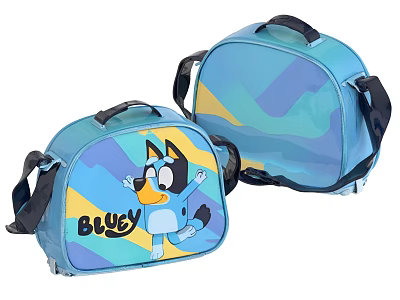 Bluey Themed Kids Bags Featuring Cartoon Character And Vibrant Blue Geometric Patterns 3d model