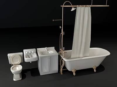 Complete Bathroom Set With Bathtub Toilet Sink Vanity And Shower Curtain 3d model