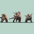 Three Triceratops Reptiles With Horns Frills And Patterned Skin On Light Green Background