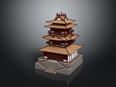 Traditional Chinese Pagoda With Multi tiered Wooden Roof And Stone Base Steps 3d model
