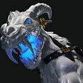 Silver Horned Beast Game Character with Blue Glowing Eyes and Black Gold Harness