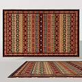 Colorful Square Rug With Intricate Striped Patterns And Vibrant Red Yellow Green Ornate Motifs