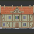 Traditional Wooden House Model with Red Tile Roof Two Floors Stone Base and Classic Windows