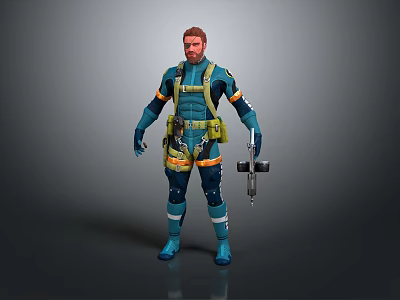 3D Sci Fi Male Character In Blue Yellow Outfit With Backpack Holding Tool 3d model