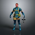 3D Sci Fi Male Character In Blue Yellow Outfit With Backpack Holding Tool 3d model
