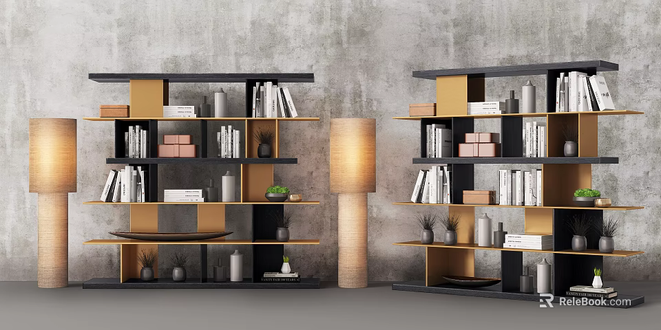 Modern Bookcase Design With Multiple Shelves Books Decorative Items And Floor Lamp 3d model 