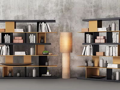 Modern Bookcase Design With Multiple Shelves Books Decorative Items And Floor Lamp 3d model