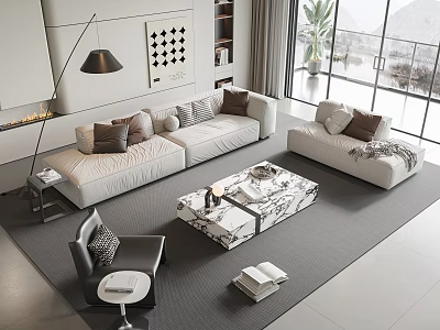 Modern Living Room Sofa Coffee Table Set With Light Pillows Marble Pattern And Large Windows 3d model