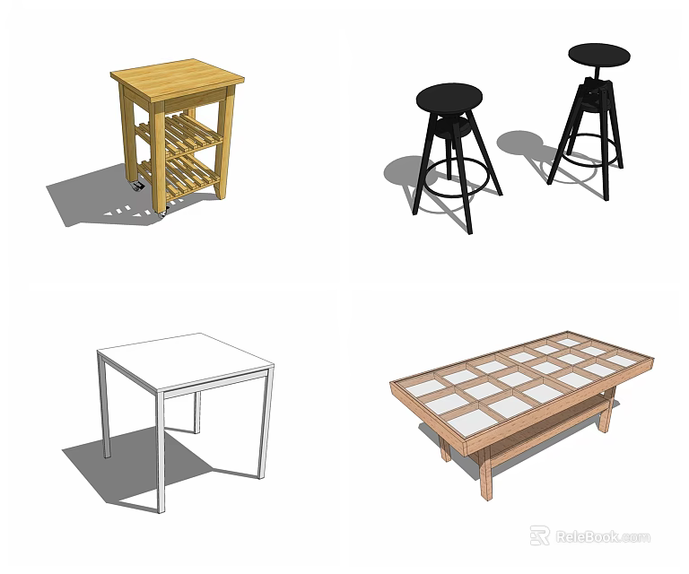 Various Dining Tables with Wooden Wine Rack Glass Top Minimalist Designs and Black Stools 3d model 