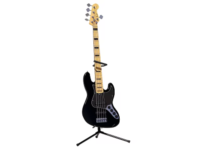 Black Electric Bass Guitar on Tripod Stand for Musical Instrument 3d model