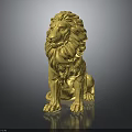 Detailed Golden Lion Sculpture Sitting With Majestic Mane And Shiny Golden Surface