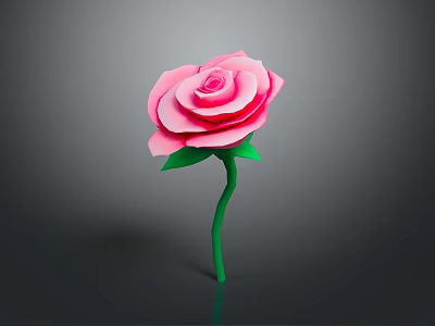 Beautiful Pink Paper Rose with Green Stem and Leaves on Gray Background 3d model