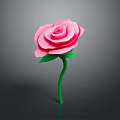 Beautiful Pink Paper Rose with Green Stem and Leaves on Gray Background