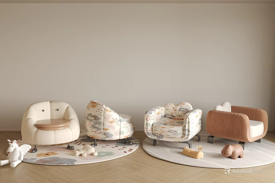 Various Kids Chairs With Different Colors Wheels And Toys In Children's Room Interior 3d model 
