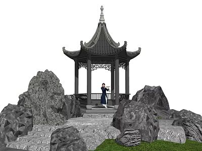 Traditional Chinese Pavilion Garden with Rockery Stone Steps and Person in Traditional Attire 3d model