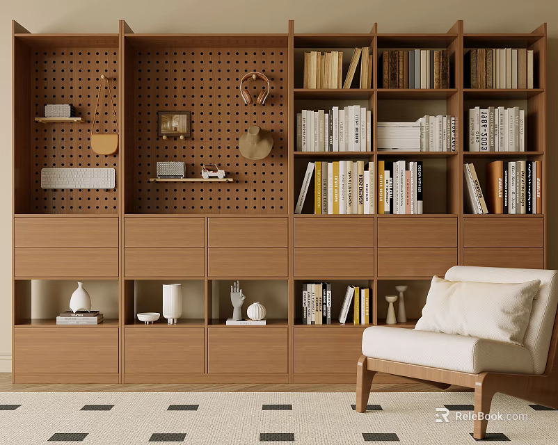 Modern Wooden Bookcase With Open And Closed Storage Compartments Books And Decorative Items 3d model 
