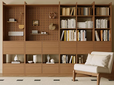 Modern Wooden Bookcase With Open And Closed Storage Compartments Books And Decorative Items 3d model