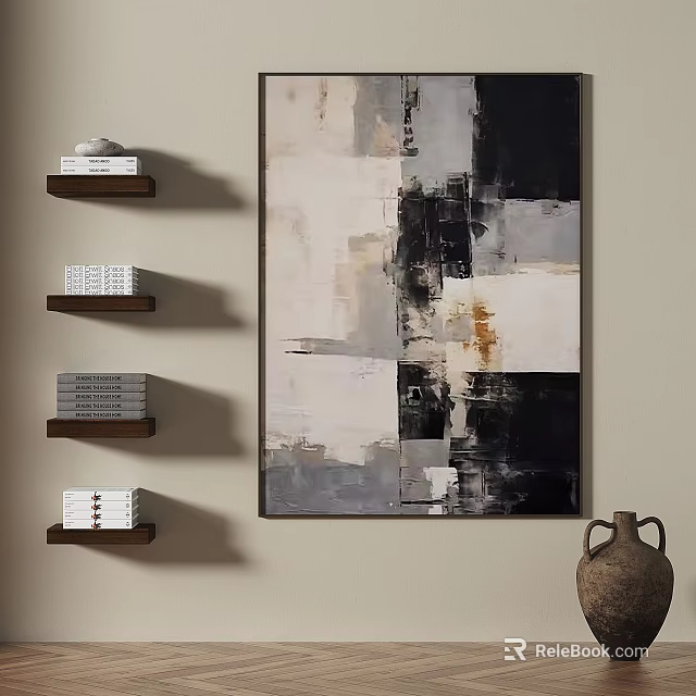 Modern Abstract Painting With Black White Gray Tones For Living Room Wall Decor 3d model 