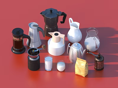 Assorted Coffee Tools Including Makers Kettles Grinders Cups And Bean Bags On Red Background 3d model