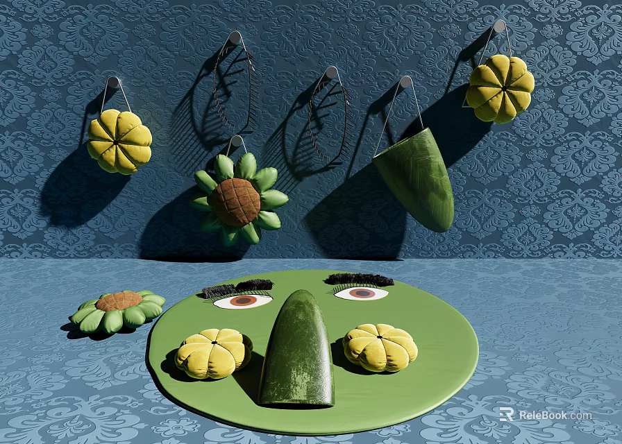 Colorful Flower Decorations Hanging On Blue Patterened Wall With Green Plate Items On Table 3d model 