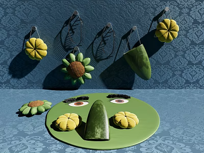 Colorful Flower Decorations Hanging On Blue Patterened Wall With Green Plate Items On Table 3d model