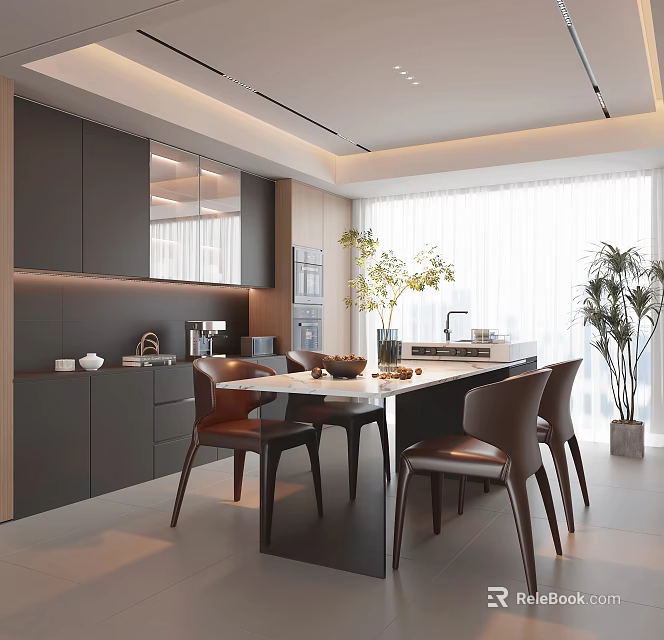 Modern Restaurant Interior With Dark Cabinets Open Design Dining Table Chairs Plants And Large Windows 3d model 