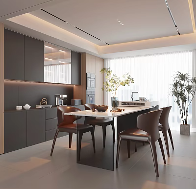 Modern Restaurant Interior With Dark Cabinets Open Design Dining Table Chairs Plants And Large Windows 3d model