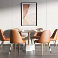 Modern Dining Table Set With Round Table Orange Leather Chairs And Metal Legs 3d model