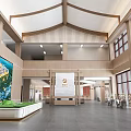 Modern Service Hall Interior With Wooden Ceiling Waiting Seats And Decorative Painting