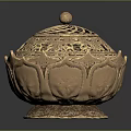 Decorative Golden Furniture Piece With Intricate Carved Lid And Ornate Base