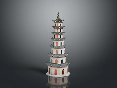 Traditional Chinese Pagoda Architecture Featuring Multiple Floors Red Base Green Roof and Curved Eaves 3d model