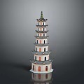 Traditional Chinese Pagoda Architecture Featuring Multiple Floors Red Base Green Roof and Curved Eaves