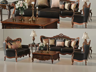 Classic Leather Sofa And Wooden Coffee Table Set With Carved Details Accent Pillows And Lamps 3d model
