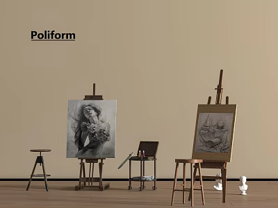 Poliform Creative Art Studio Interior Featuring Easels Paintings Drawing Tools And Stools 3d model