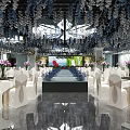 Elegant Banquet Hall Interior With White Chairs Table Settings Floral Decorations And Reflective Floor