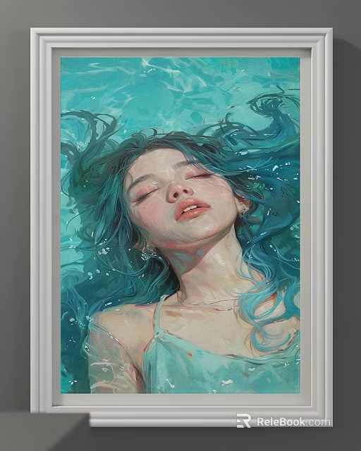 Serene Underwater Portrait Painting of Woman with Blue Hair Floating in Light Camisole and Bubbles 3d model 