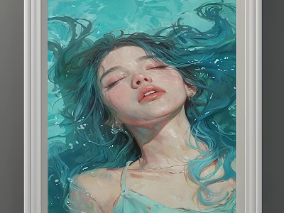 Serene Underwater Portrait Painting of Woman with Blue Hair Floating in Light Camisole and Bubbles 3d model