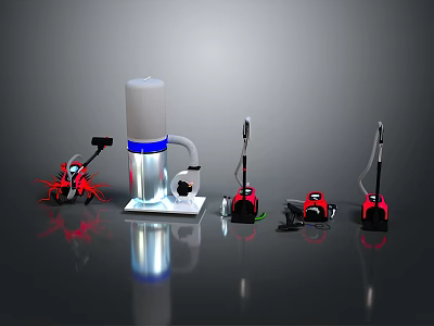 Household Cleaning Equipment Featuring Red Vacuum Cleaners White Purifier And Mops On Reflective Gray Surface 3d model