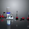 Household Cleaning Equipment Featuring Red Vacuum Cleaners White Purifier And Mops On Reflective Gray Surface