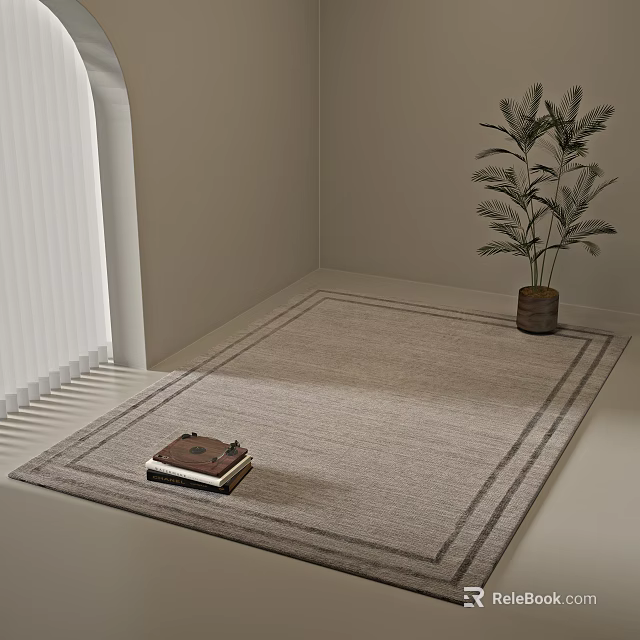 Light Gray Square Area Rug With Border Lines Brown Book And Green Plant In Pot 3d model 