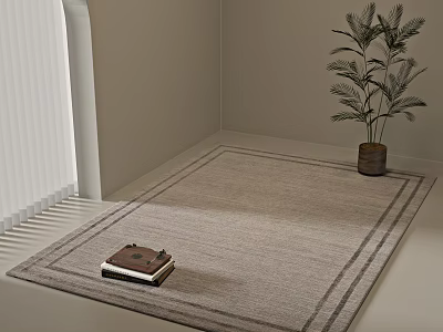 Light Gray Square Area Rug With Border Lines Brown Book And Green Plant In Pot 3d model