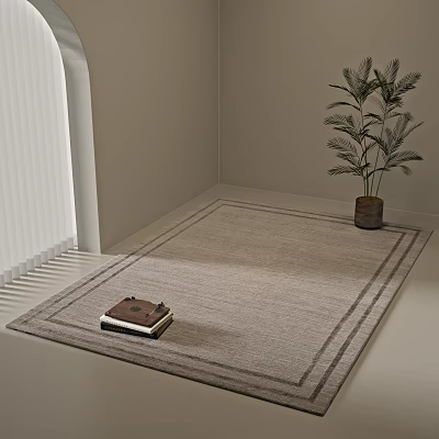 Light Gray Square Area Rug With Border Lines Brown Book And Green Plant In Pot 3d model