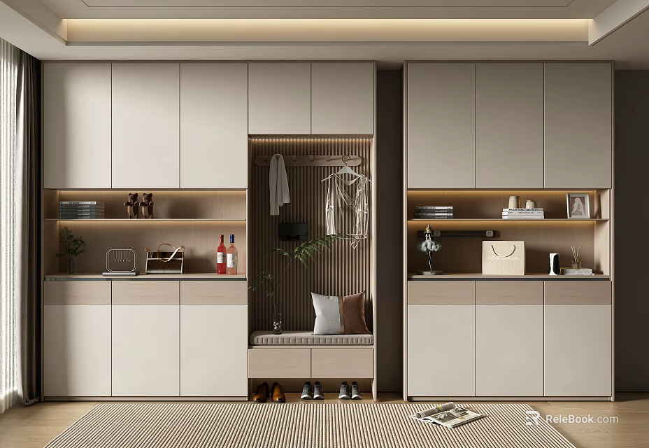 Modern Beige Shoe Cabinet with Hanging Area and Storage Cabinets in Minimalist Interior Design 3d model 